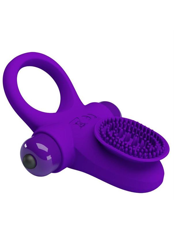 Фиолетовое эрекционное виброкольцо в клиторальной щеточкой Vibrant Penis Ring II
