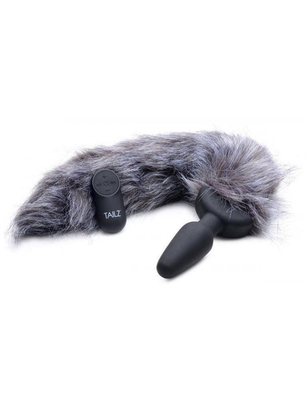 Черная анальная вибропробка с серым лисьим хвостом Grey Fox Tail Vibrating Anal Plug