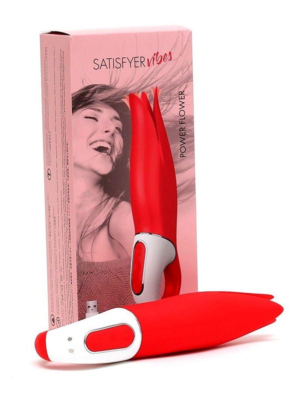 Красный вибратор Satisfyer - Power Flower с лепестками (18,8 см)