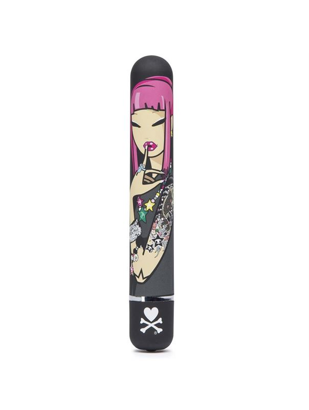 Чёрный вибратор с принтом CLASSIC VIBRATOR BLACK PINK LIPSTICK WOMAN - 18,4 см.