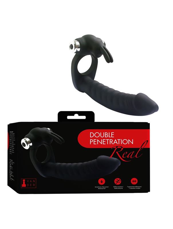 Черная насадка на член с вибрацией Double Penetration Real с клиторальным зайчиком