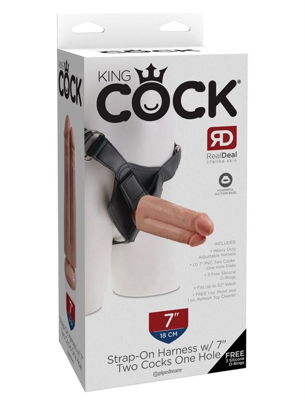 Телесный сдвоенный поясной страпон Strap-On Harness with 7" Two Cocks One Hole (19,1 см)