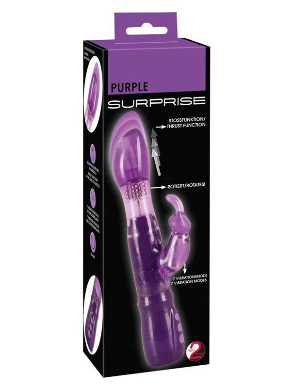 Фиолетовый вибратор с ротацией и клиторальной стимуляцией Purple Surprise - 24,5 см.