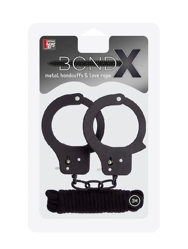 Чёрные наручники из листового металла BONDX METAL CUFFS LOVE ROPE SET в комплекте с веревкой