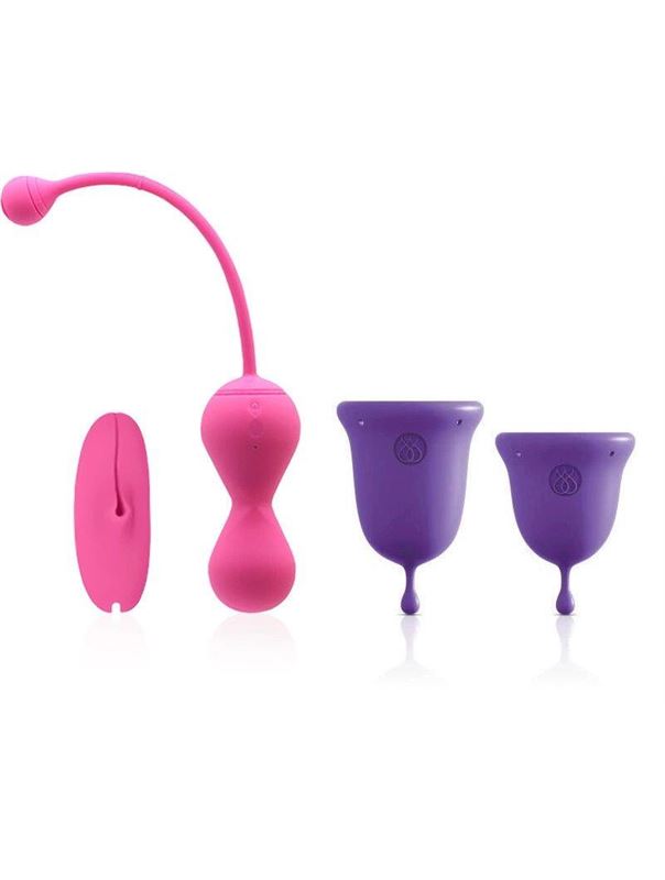 Подарочный набор: розовый тренажер Кегеля MAGIC KEGEL MASTER 2 и фиолетовые менструальные чаши