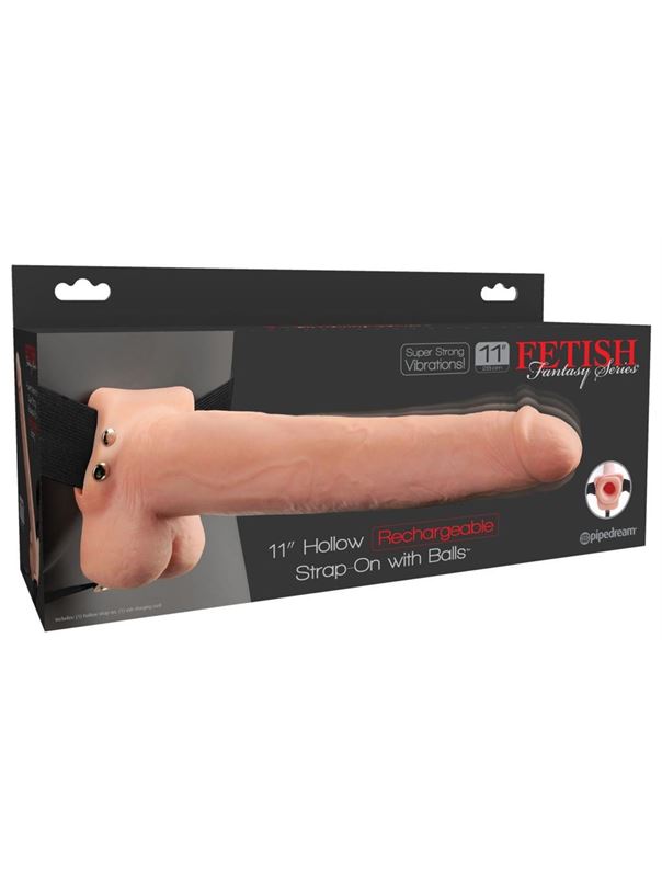 Телесный перезаряжаемый вибрострапон 11 Hollow Rechargeable Strap-on with Balls - 30 см.