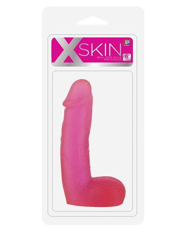 Розовый фаллоимитатор с мошонкой XSKIN 6 PVC DONG - 15,2 см.