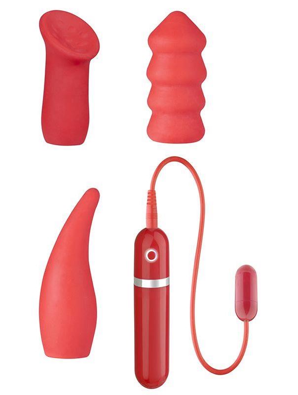Маленькая вибропуля с 3 красными насадками NEON SECRET DESIRES 10FUNC. VIBRATOR KIT