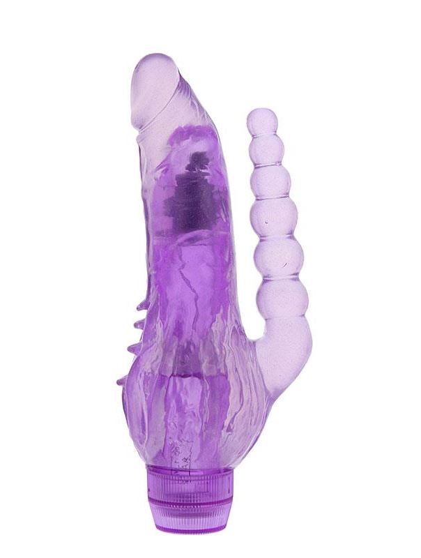 Фиолетовый вибратор для вагинально-анальной стимуляции JELLY JOY CRYSTAL COX PURPLE - 19 см.