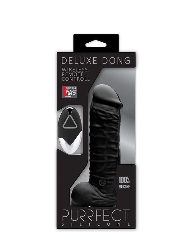 Чёрный вибратор реалистик PURRFECT SILICONE DELUXE REMOTE VIBE 7INна присоске и с пультом ДУ (18 см)