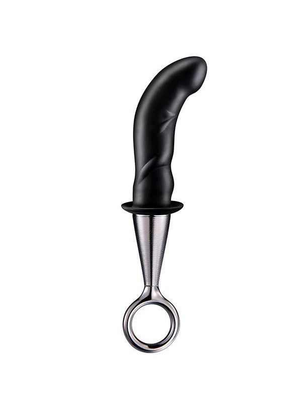 Чёрный изогнутый ребристый анальный плаг ANAL PLUG WITH PLATED HANDLE