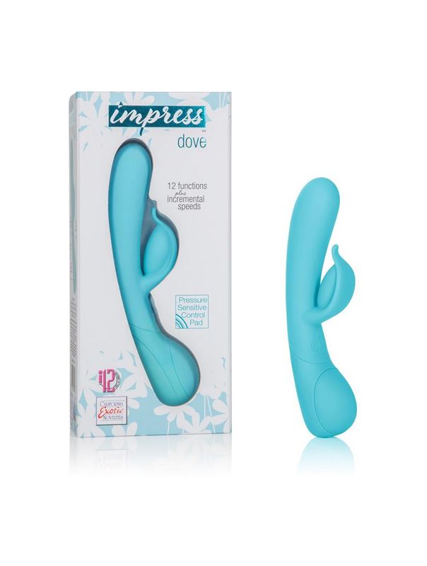 Голубой вибромассажер Impress Dove со стимуляцией клитора - 18 см.