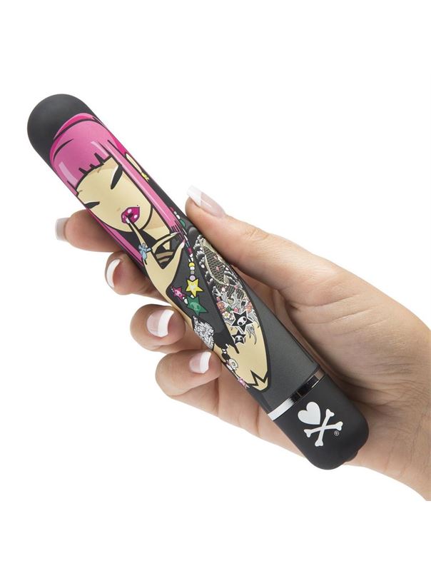 Чёрный вибратор с принтом CLASSIC VIBRATOR BLACK PINK LIPSTICK WOMAN - 18,4 см.