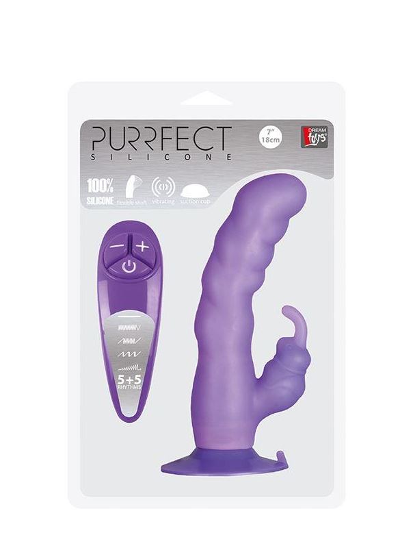 Фиолетовый вибратор с клиторальным отростком и присоской PURRFECT SILICONE SUCTION CUP DUO VIBE (18 см)