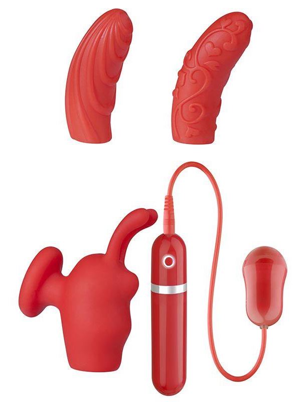 Красная вибропуля с 3 мягкими насадками NEON SWEET PASSION 10FUNC. VIBRATOR KIT