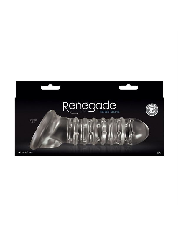 Прозрачная насадка на пенис с точками, рёбрами и подхватом мошонки Renegade Ribbed Sleeve