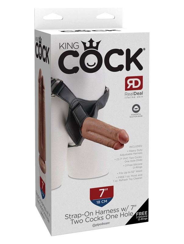 Кофейный сдвоенный поясной страпон Strap-On Harness with 7" Two Cocks One Hole (19,1 см)