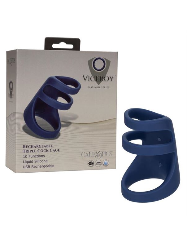 Синее эрекционное виброкольцо Rechargeable Triple Cock Cage