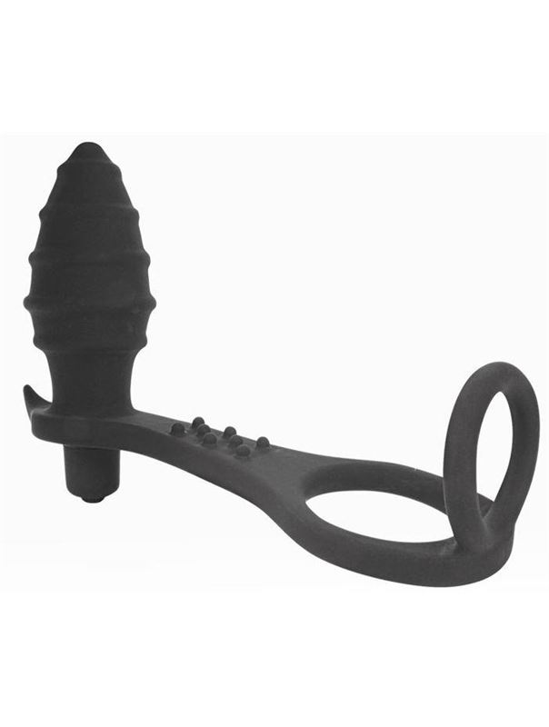 Черное кольцо с анальным вибростимулятором Cockring and Anal Pleasure