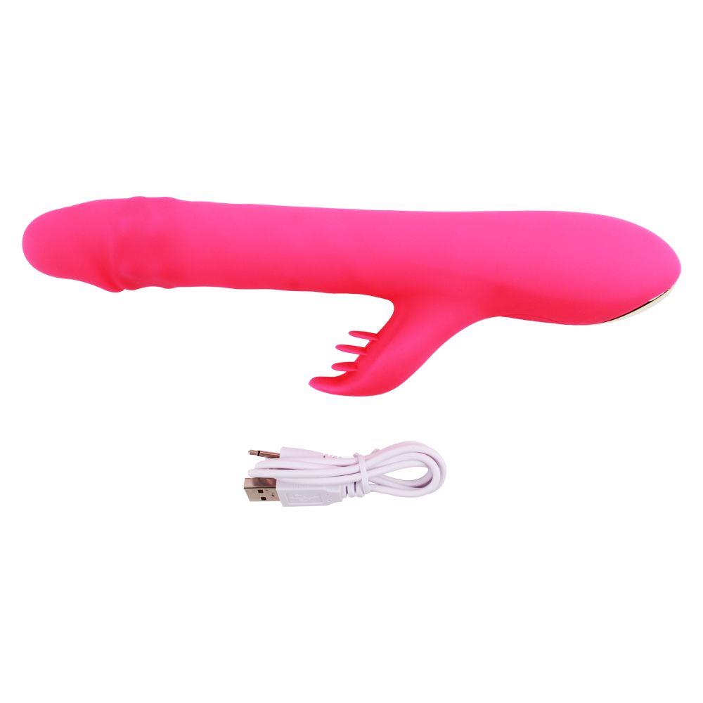 Розовый вибратор Thrusting Rabbit с клиторальным стимулятором (25,3 см)