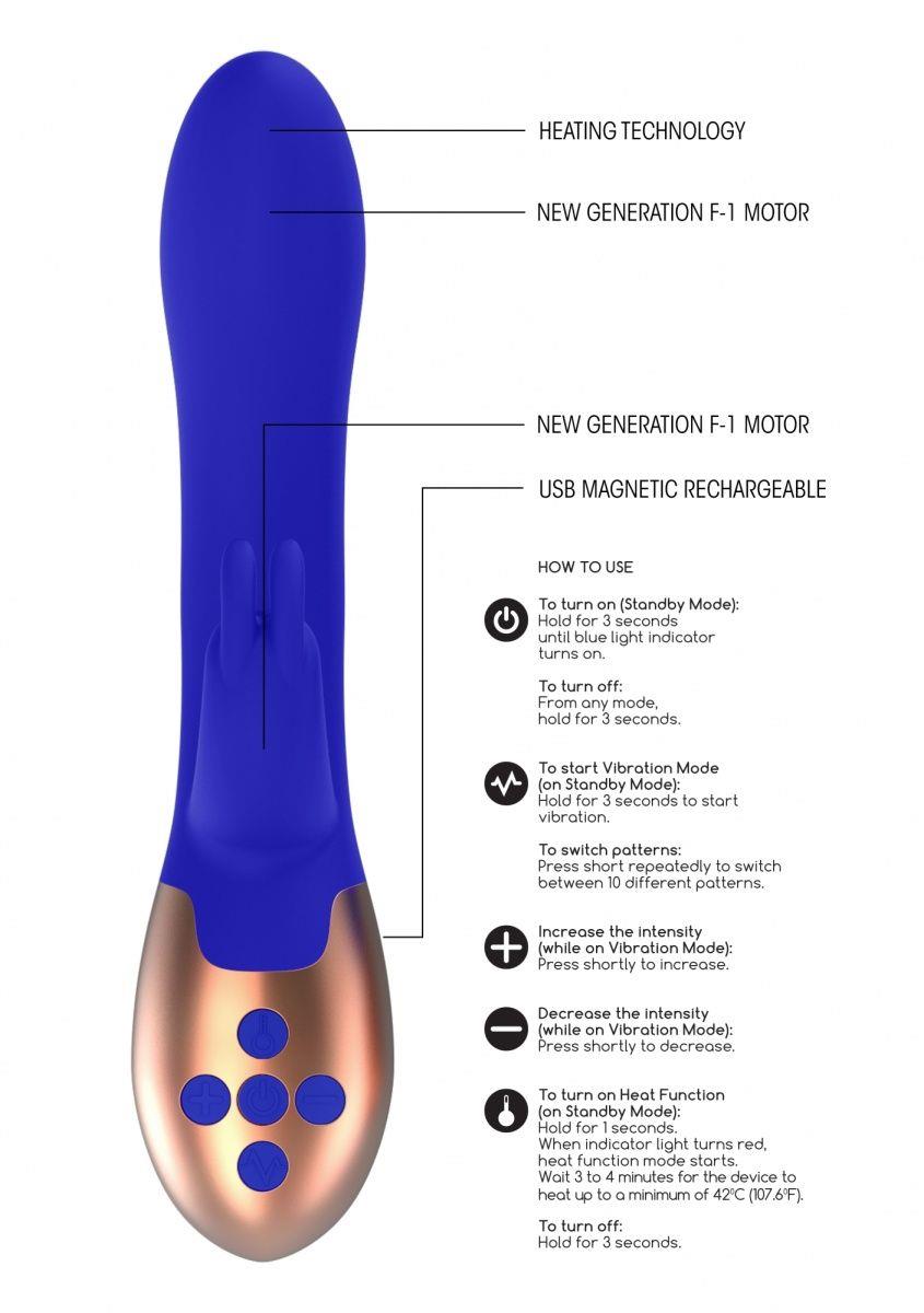 Синий вибратор Opulent с функцией нагрева и клиторальной стимуляцией (20 см)