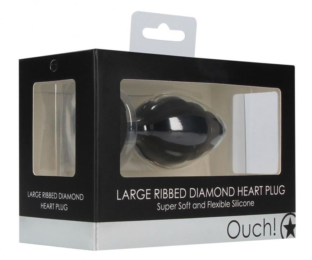 Черная анальная пробка Large Ribbed Diamond Heart Plug - 8 см.