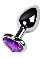 Серебристая коническая анальная пробка с фиолетовым кристаллом-сердечком - 7 см.