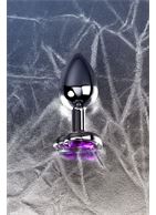 Серебристая коническая анальная пробка с фиолетовым кристаллом-сердечком - 7 см.