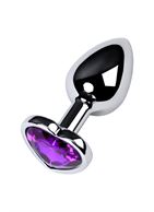 Серебристая коническая анальная пробка с фиолетовым кристаллом-сердечком - 7 см.