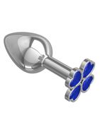 Серебристая анальная втулка с клевером из синих кристаллов (7 см)