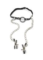 Кляп с цепочкой и клипсами для сосков O-Ring Gag Nipple Clamps