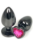 Черная металлическая анальная пробка с розовым стразом-сердечком (6,5 см)