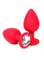 Красная силиконовая анальная пробка с прозрачным стразом (8 см)