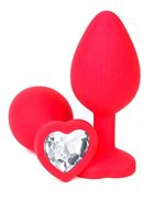 Красная силиконовая анальная пробка с прозрачным стразом-сердцем (10,5 см)