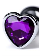 Серебристая коническая анальная пробка с фиолетовым кристаллом-сердечком - 7 см.