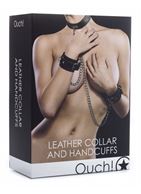 Чёрный комплект для бондажа Leather Collar and Handcuffs 
