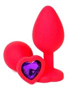 Красная силиконовая анальная пробка с фиолетовым стразом-сердцем (10,5 см)