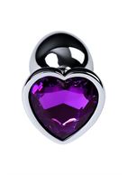 Серебристая коническая анальная пробка с фиолетовым кристаллом-сердечком - 7 см.