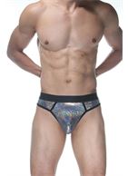 Серебристые блестящие мужские трусы-стринги
