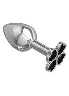 Серебристая анальная втулка с клевером из чёрных кристаллов (7 см)