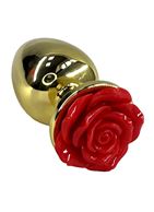 Золотистая анальная пробка с ограничителем в форме красной розы (10 см)