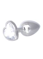 Серебристая анальная пробка с прозрачным кристаллом-сердцем (7 см)