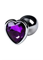 Серебристая коническая анальная пробка с фиолетовым кристаллом-сердечком - 7 см.