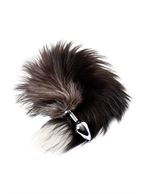 Серебристая металлическая анальная пробка с хвостом чернобурой лисы (размер S)