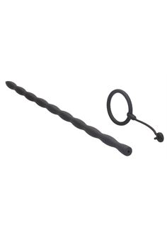 Черный стимулятор уретры с кольцом на головку Silicone Plug & Cock Ring Set