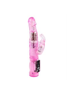 Розовый вибратор-ротатор Jelly vibrator with pearls - 21,5 см.