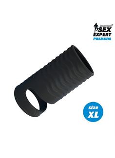 Черная открытая насадка на пенис с кольцом для мошонки XL-size (8,9 см)