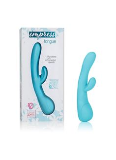 Голубой вибромассажер Impress Tongue со стимуляцией клитора - 18 см.