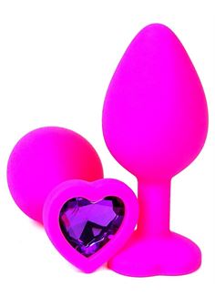 Розовая силиконовая пробка с фиолетовым кристаллом-сердцем (10,5 см)