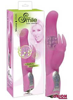 Розовый вибратор Smile Pearl Bunny с загнутой головкой и клиторальным зайчиком - 26 см.
